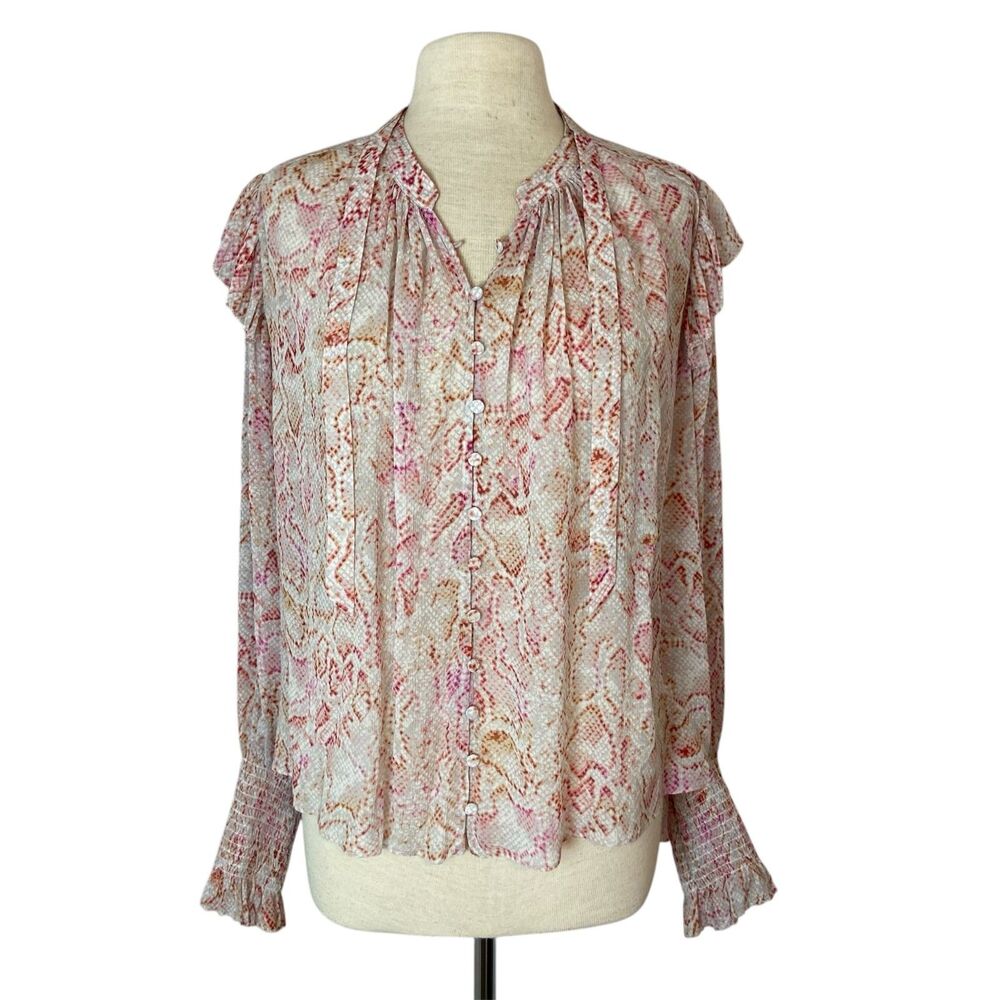 AllSaints Lara Vernus Shirt Women's Sz 8‎ Desert Pink Snakeskin Ruffle Tie Neck